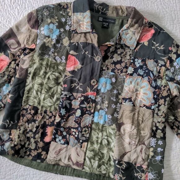 Vintage 90s Casual Studio Quilted Jacket Patchwork Floral Foliage Rose Medium - Picture 7 of 13